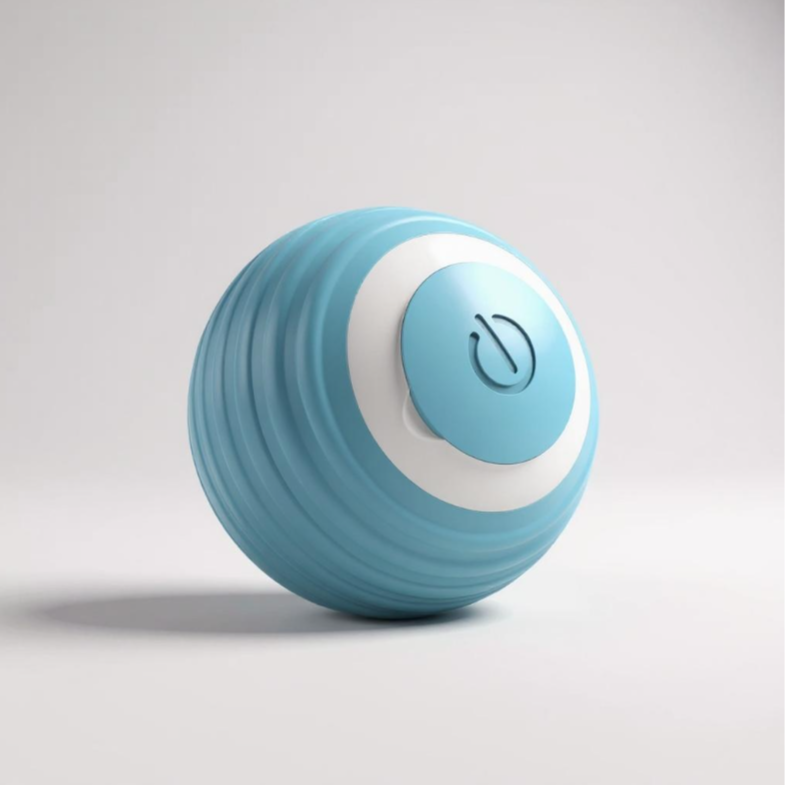 Blue and white ball-shaped device on a light gray background